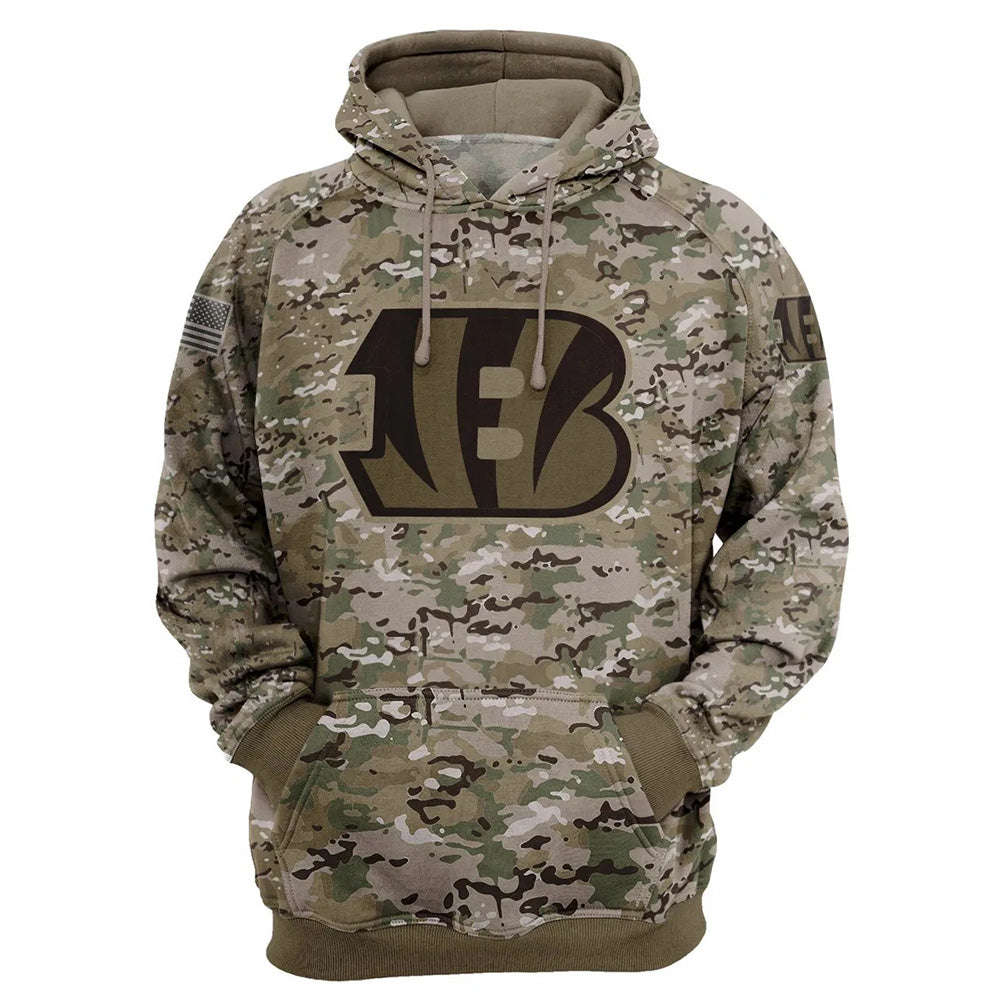 Cincinnati Bengals Camo Pullover Hoodie – Military Style featuring large Cincinnati Bengals logo on chest, camouflage design, and front kangaroo pocket – unisex and US sizing