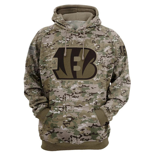 Cincinnati Bengals Camo Pullover Hoodie – Military Style featuring large Cincinnati Bengals logo on chest, camouflage design, and front kangaroo pocket – unisex and US sizing