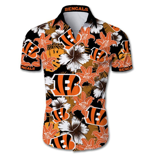 Front view of  Cincinnati Bengals Hawaiian Shirt – Men's Summer Aloha Button Down with vibrant BLACK & ORANGE floral design and team logo, short sleeves, US sizing.