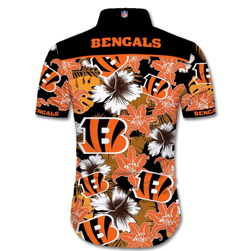 Back view of  Cincinnati Bengals Hawaiian Shirt featuring bold team name and logo, tropical hibiscus floral pattern, BLACK shoulder panel, men's short-sleeve button-down.