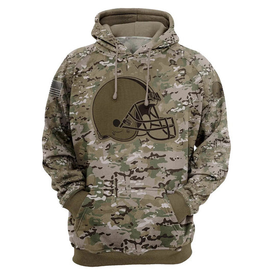 Cleveland Browns Camo Pullover Hoodie – Military Style featuring large Cleveland Browns logo on chest, camouflage design, and front kangaroo pocket – unisex and US sizing