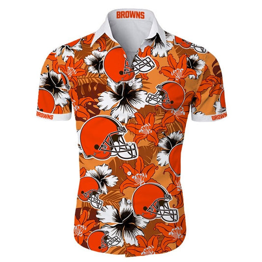 Front view of  Cleveland Browns Hawaiian Shirt – Men's Summer Aloha Button Down with vibrant ORANGE floral design and team logo, short sleeves, US sizing.