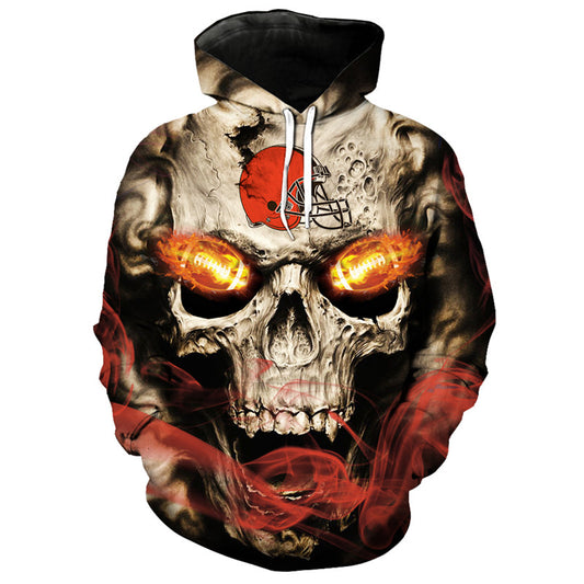 Front view of Cleveland Browns Skull Hoodie – Red Inferno Edition, featuring a gothic skull design with glowing red football eyes and a Cleveland Browns on the forehead.