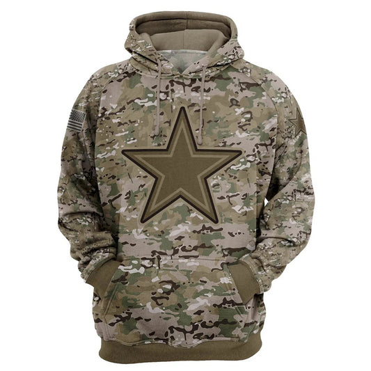Dallas Cowboys Camo Pullover Hoodie – Military Style featuring large Dallas Cowboys logo on chest, camouflage design, and front kangaroo pocket – unisex and US sizing
