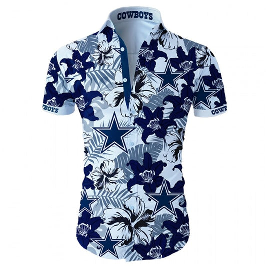 Front view of  Dallas Cowboys Hawaiian Shirt – Men's Summer Aloha Button Down with vibrant BLUE floral design and team logo, short sleeves, US sizing.