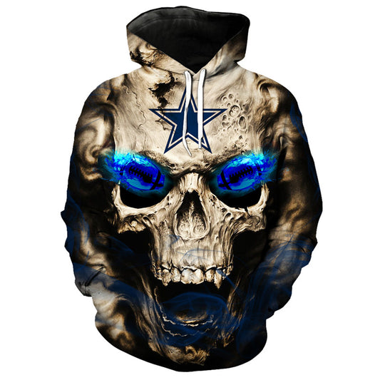Front view of Dallas Cowboys Skull Hoodie – Blue Inferno Edition, featuring a gothic skull design with glowing blue football eyes and a Dallas Cowboys star on the forehead.