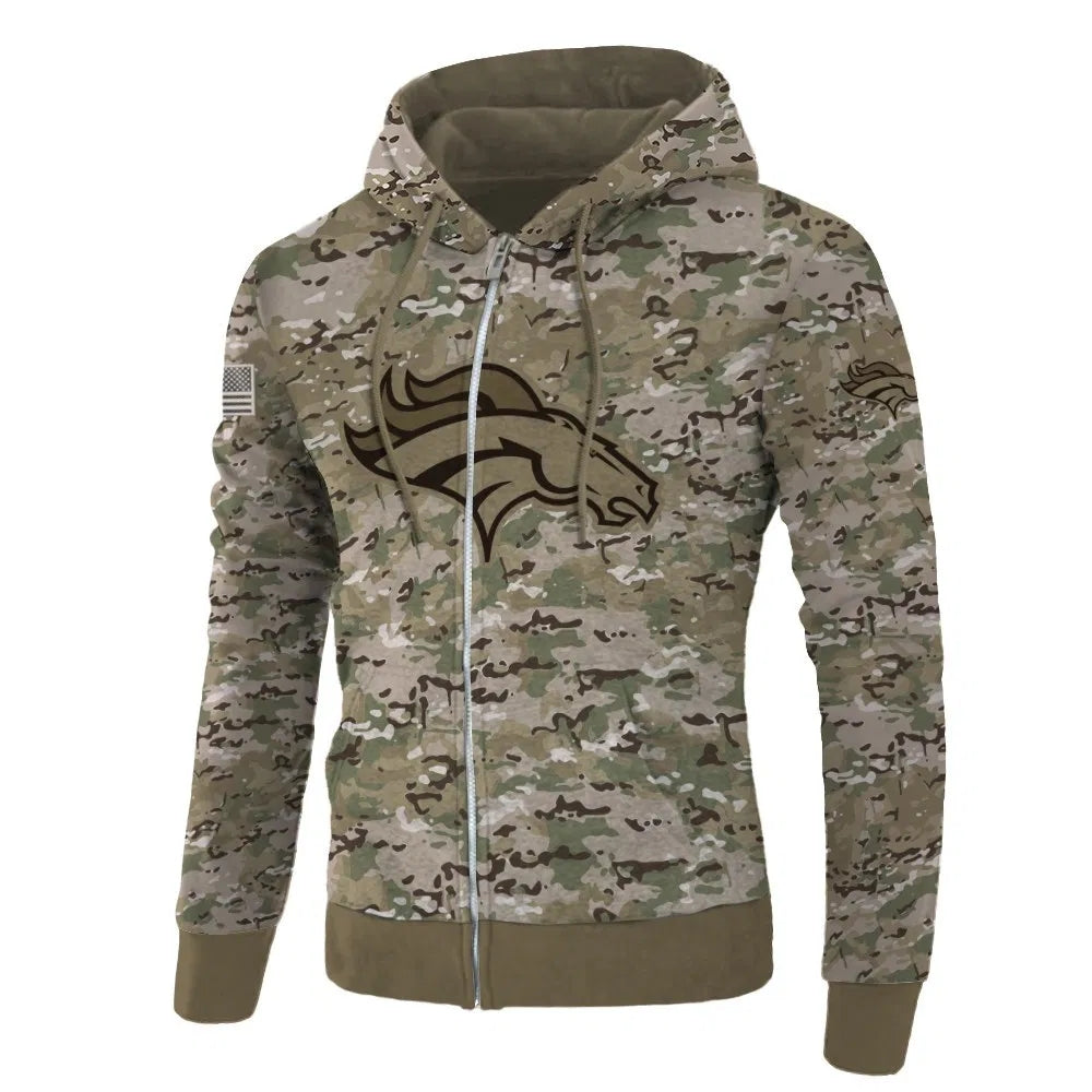 Front view of Denver Broncos Camo Zipper Hoodie – Military Style with camouflage print, and Denver Broncos logo on chest – and front kangaroo pocket, unisex fit