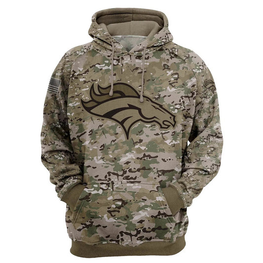 Denver Broncos Camo Pullover Hoodie – Military Style featuring large Denver Broncos logo on chest, camouflage design, and front kangaroo pocket – unisex and US sizing