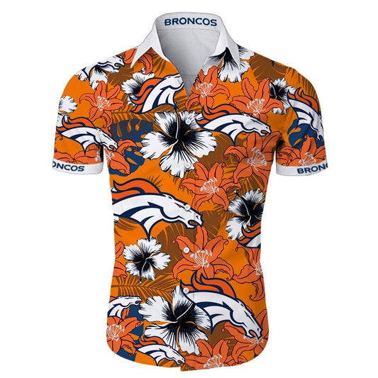 Front view of  Denver Broncos Hawaiian Shirt – Men's Summer Aloha Button Down with vibrant orange floral design and team logo, short sleeves, US sizing.