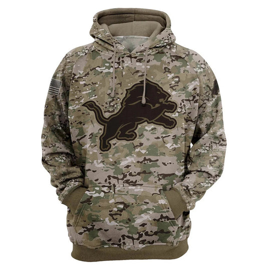 Detroit Lions Camo Pullover Hoodie – Military Style featuring large Detroit Lions logo on chest, camouflage design, and front kangaroo pocket – unisex and US sizing
