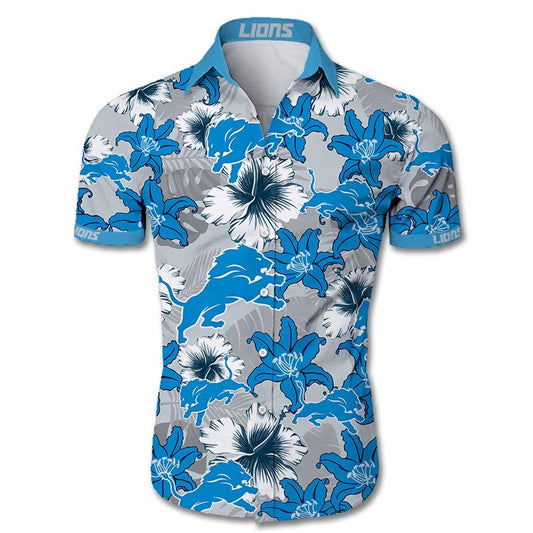 Front view of  Detroit Lions Hawaiian Shirt – Men's Summer Aloha Button Down with vibrant BLUE floral design and team logo, short sleeves, US sizing.