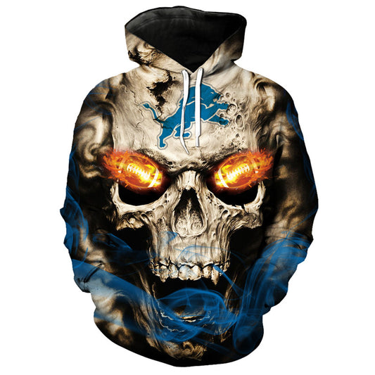 Front view of Detroit Lions Skull Hoodie – Red Inferno Edition, featuring a gothic skull design with glowing red football eyes and a Detroit Lions on the forehead.