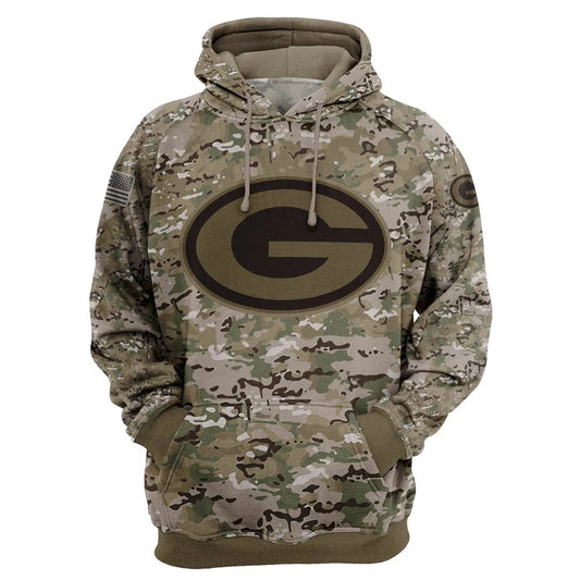 Green Bay Packers Camo Pullover Hoodie – Military Style featuring large Green Bay Packers logo on chest, camouflage design, and front kangaroo pocket – unisex and US sizing