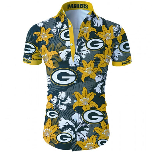 Front view of  Green Bay Packers Hawaiian Shirt – Men's Summer Aloha Button Down with vibrant YELLOW floral design and team logo, short sleeves, US sizing.