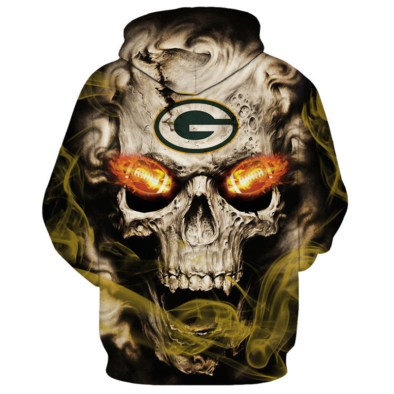 Back view of Green Bay Packers Skull Hoodie – Red Inferno Edition, showcasing a bold skull print with electric red eye effects and Green Bay Packers logo