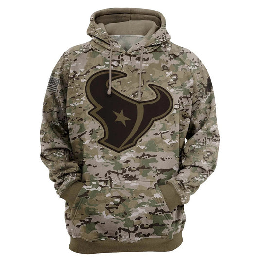 Houston Texans Camo Pullover Hoodie – Military Style featuring large Houston Texans logo on chest, camouflage design, and front kangaroo pocket – unisex and US sizing