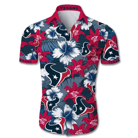Front view of  Houston Texans Hawaiian Shirt – Men's Summer Aloha Button Down with vibrant RED floral design and team logo, short sleeves, US sizing.