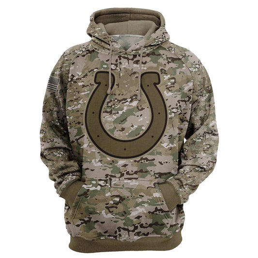 Indianapolis Colts Camo Pullover Hoodie – Military Style featuring large Indianapolis Colts logo on chest, camouflage design, and front kangaroo pocket – unisex and US sizing