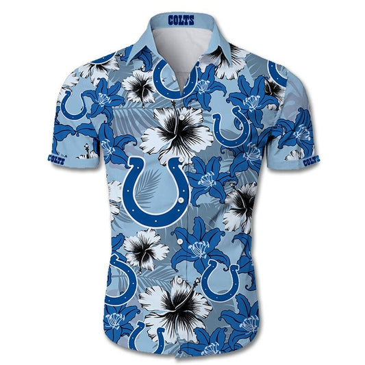 Front view of  Indianapolis Colts Hawaiian Shirt – Men's Summer Aloha Button Down with vibrant BLUE floral design and team logo, short sleeves, US sizing.