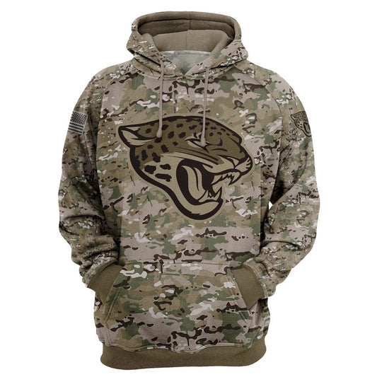 Jacksonville Jaguars Camo Pullover Hoodie – Military Style featuring large Jacksonville Jaguars logo on chest, camouflage design, and front kangaroo pocket – unisex and US sizing