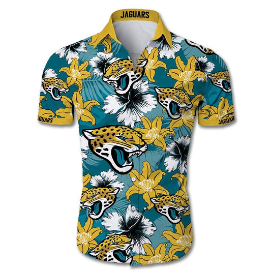 Front view of  Jacksonville Jaguars Hawaiian Shirt – Men's Summer Aloha Button Down with vibrant YELLOW floral design and team logo, short sleeves, US sizing.