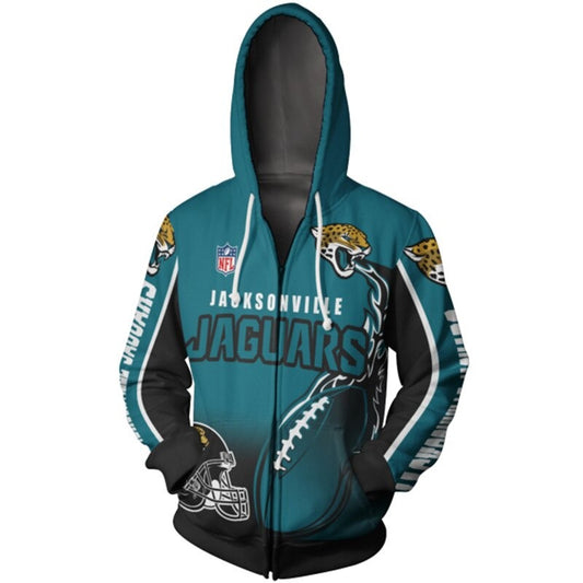 Men's Jacksonville Jaguars zip-up hoodie with flaming football 3D design in team colors, featuring NFL and Jaguars logo