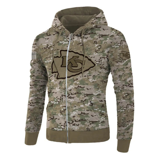 Front view of Kansas City Chiefs Camo Zipper Hoodie – Military Style with camouflage print, and KC team logo on chest – unisex fit