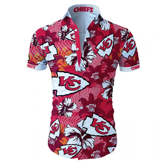 Front view of  Kansas City Chiefs Hawaiian Shirt – Men's Summer Aloha Button Down with vibrant RED floral design and team logo, short sleeves, US sizing.