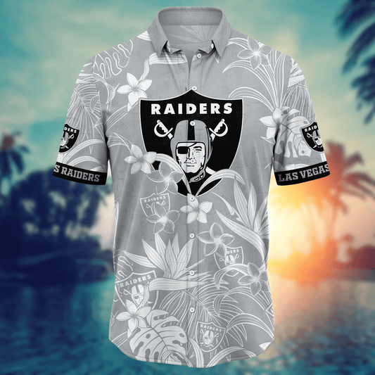 Las Vegas Raiders tropical flower Hawaiian shirt with black and white team logo, front view NFL aloha shirt