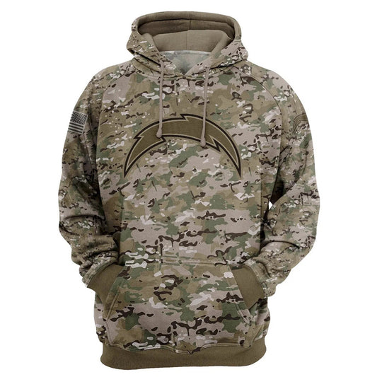 Los Angeles Chargers Camo Pullover Hoodie – Military Style featuring large Los Angeles Chargers logo on chest, camouflage design, and front kangaroo pocket – unisex and US sizing