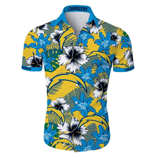 Front view of  Los Angeles Chargers Hawaiian Shirt – Men's Summer Aloha Button Down with vibrant BLUE floral design and team logo, short sleeves, US sizing.