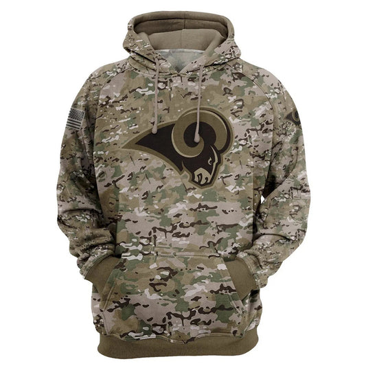 Los Angeles Rams Camo Pullover Hoodie – Military Style featuring large Los Angeles Rams logo on chest, camouflage design, and front kangaroo pocket – unisex and US sizing