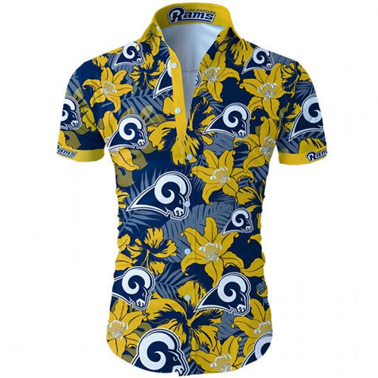 Front view of  Los Angeles Rams Hawaiian Shirt – Men's Summer Aloha Button Down with vibrant YELLOW floral design and team logo, short sleeves, US sizing.