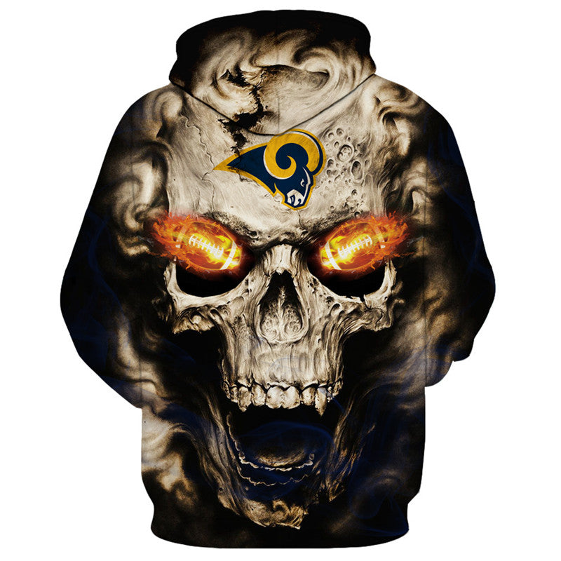 Front view of Los Angeles Rams Skull Hoodie – Red Inferno Edition, featuring a gothic skull design with glowing red football eyes and a Los Angeles Rams on the forehead.