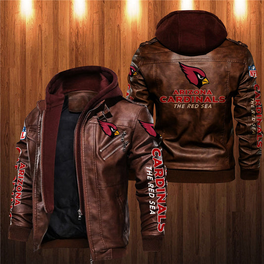 Men's brown Arizona Cardinals leather jacket with hood, zipper front, and team logo on chest, back, and sleeves. NFL fan gear made from PU faux leather.