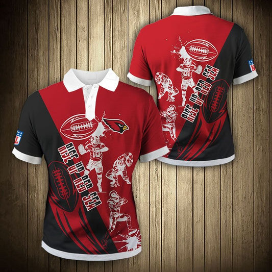 Men's Arizona Cardinals Polo Shirt with Rise Up Red Sea graphic in red and black – breathable fan apparel, sizes S to 5XL, made to order