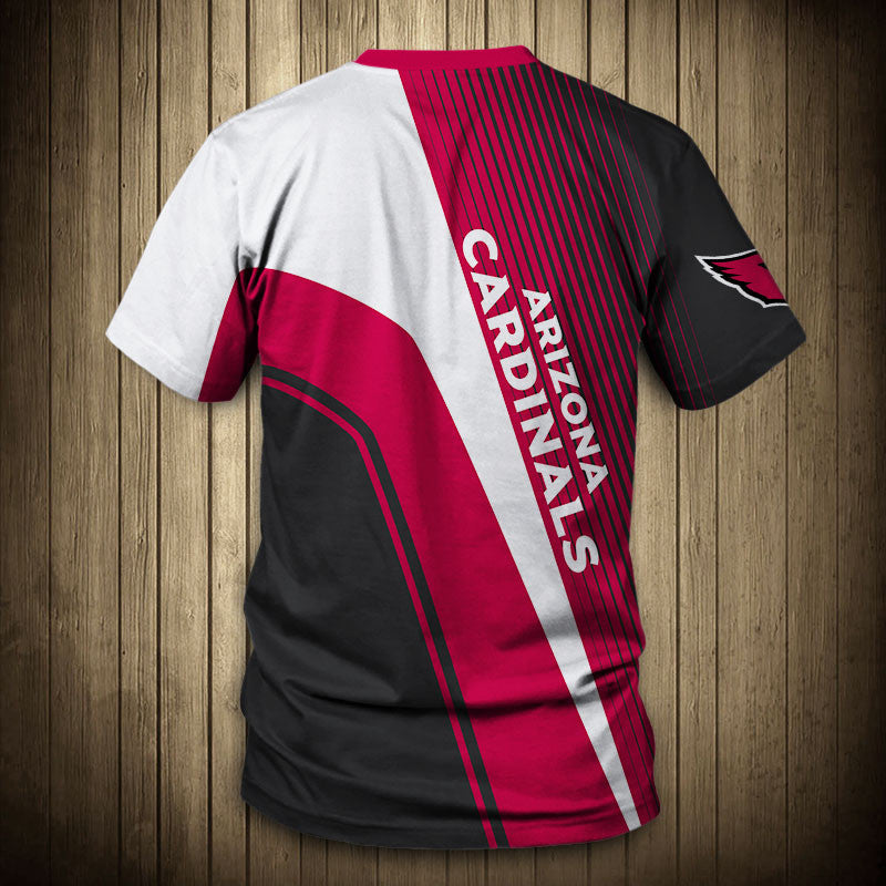 Back view of Men’s Arizona Cardinals T-Shirt – Striped Graphic Look with vertical stripes, large Arizona Cardinals text print, and dynamic color block design in black, red, and white."