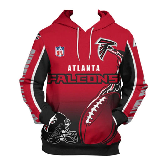 Front view of men's Atlanta Falcons pullover hoodie with 3D flaming football graphic, NFL logo, and bold RED  BLACK team design