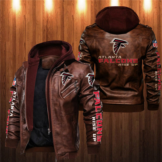 Men's brown Atlanta Falcons leather jacket with hood, zipper front, and team logo on chest, back, and sleeves. NFL fan gear made from PU faux leather