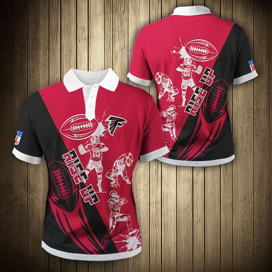 Men's Atlanta Falcons Polo Shirt with Rise Up graphic in red and black – breathable fan apparel, sizes S to 5XL, made to order