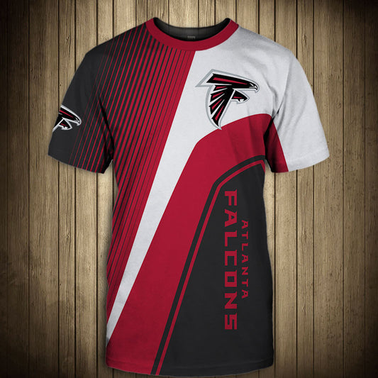 Front view of Men’s Atlanta Falcons T-Shirt – Striped Graphic Look featuring bold red and black diagonal stripes, Atlanta Falcons logo on chest, and modern athletic design – perfect for NFL fans.