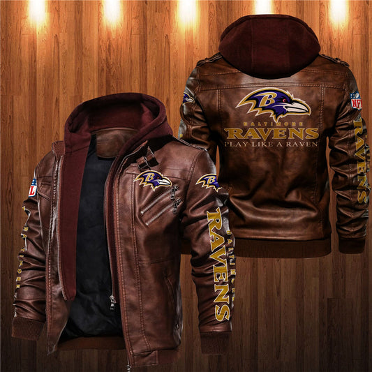 Men's brown Baltimore Ravens leather jacket with hood, zipper front, and team logo on chest, back, and sleeves. NFL fan gear made from PU faux leather.