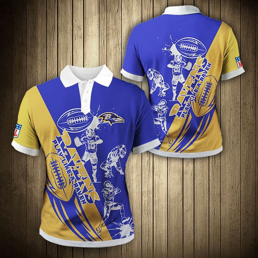 Men's Baltimore Ravens Polo Shirt with Play Like A Ravens graphic in purple and gold color – breathable fan apparel, sizes S to 5XL, made to order