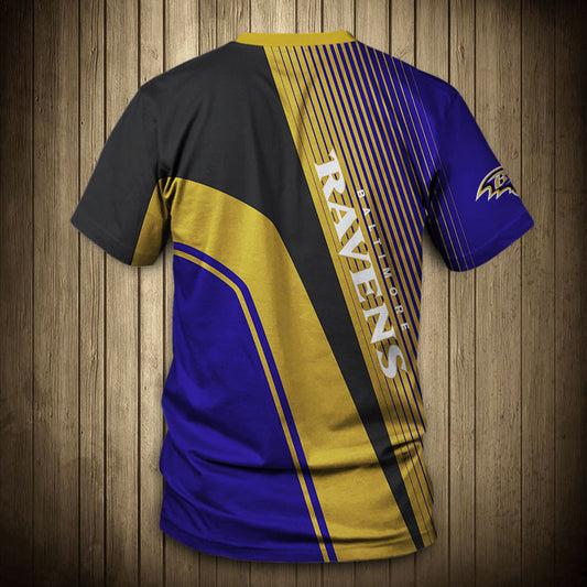 Back view of Men’s Baltimore Ravens T-Shirt – Striped Graphic Look with vertical stripes, large Baltimore Ravens text print, and dynamic color block design in black, gold, and navy."