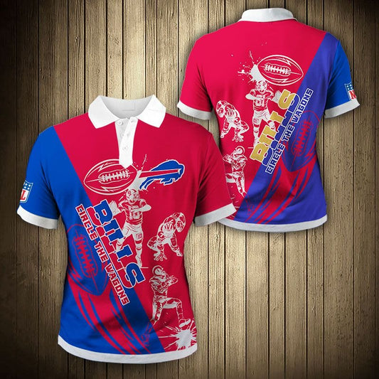 Men's Buffalo Bills Polo Shirt with Circle The Wagons graphic in red and blue color – breathable fan apparel, sizes S to 5XL, made to order