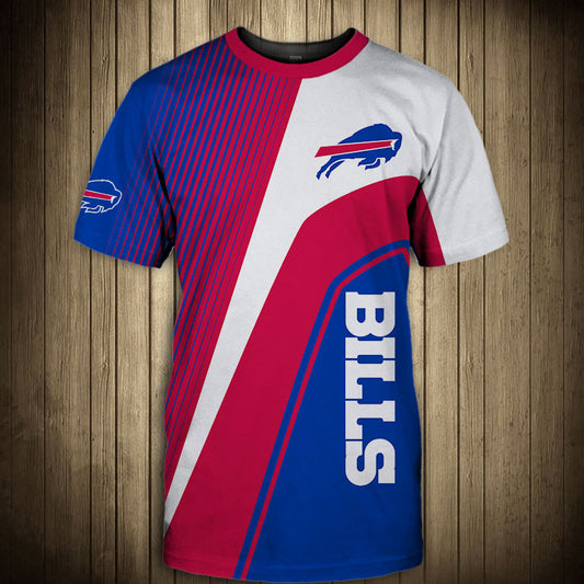 Front view of Men’s Buffalo Bills T-Shirt – Striped Graphic Look featuring bold red and white diagonal stripes, Buffalo Bills logo on chest, and modern athletic design – perfect for NFL fans.