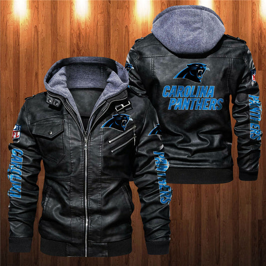 Front and back view of black Carolina Panthers faux leather jacket with hoodie and team graphics.