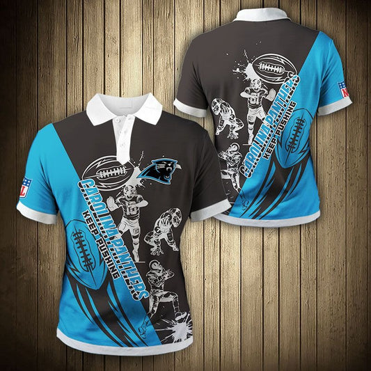 Men's Carolina Panthers Polo Shirt with Keep Pushing graphic in black and blue color – breathable fan apparel, sizes S to 5XL, made to order