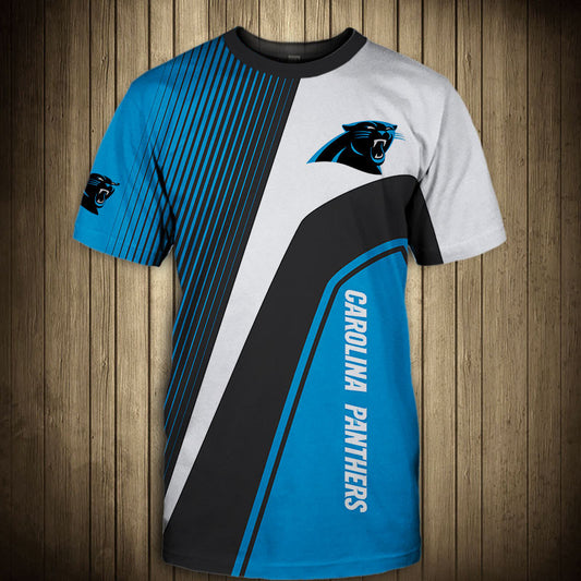 Front view of Men’s Carolina Panthers T-Shirt – Striped Graphic Look featuring bold Black and white diagonal stripes, Carolina Panthers logo on chest, and modern athletic design – perfect for NFL fans.