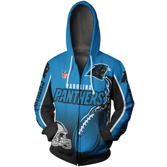 Men's Carolina Panthers zip-up hoodie with flaming football 3D design in team colors, featuring NFL and Panthers logo